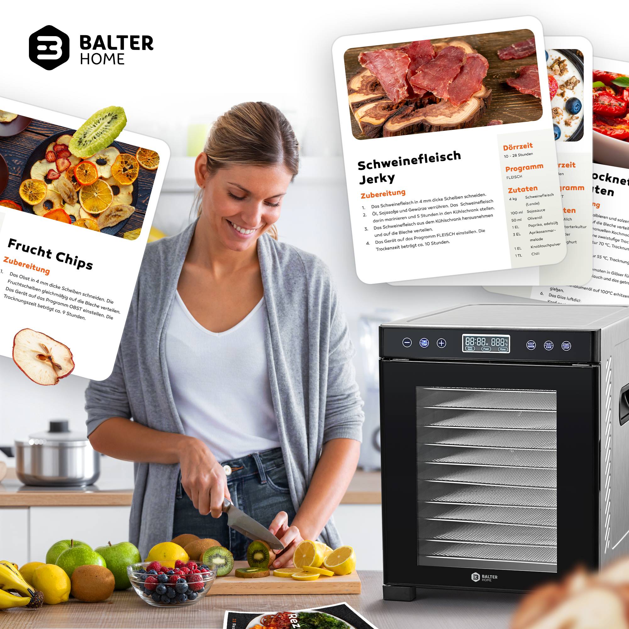 Balter Dörrautomat Edelstahl, Dörrgerät mit 10 Einlegefächern, BPA-frei, 35°- 75 °C, Timer, Dehydrator, Obsttrockner, Warmhaltefunktion, Rezeptb