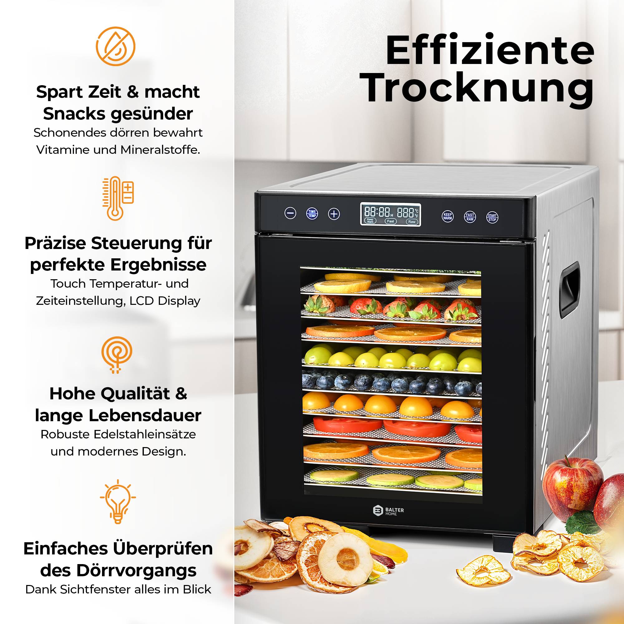 Balter Dörrautomat Edelstahl, Dörrgerät mit 10 Einlegefächern, BPA-frei, 35°- 75 °C, Timer, Dehydrator, Obsttrockner, Warmhaltefunktion, Rezeptb