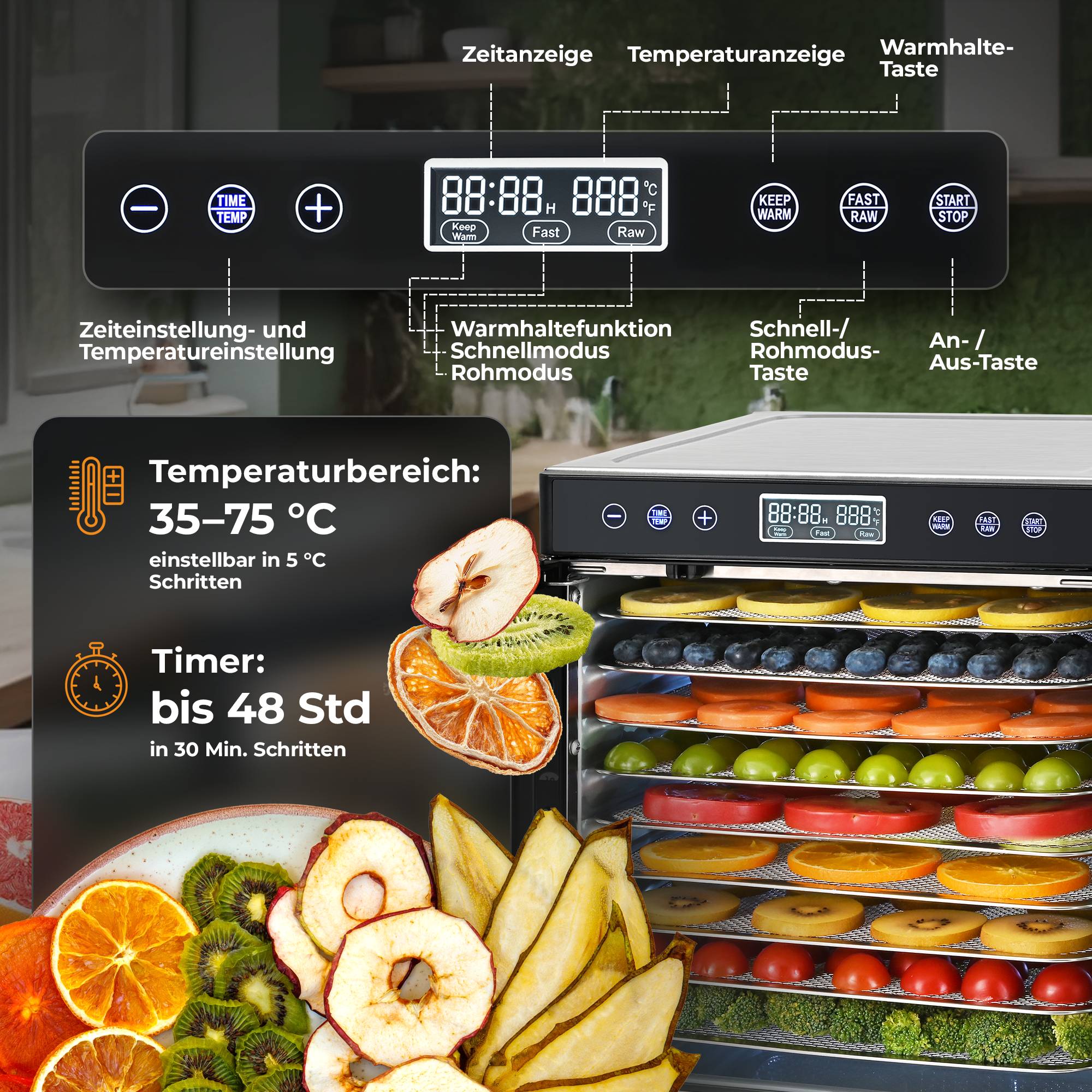 Balter Dörrautomat Edelstahl, Dörrgerät mit 10 Einlegefächern, BPA-frei, 35°- 75 °C, Timer, Dehydrator, Obsttrockner, Warmhaltefunktion, Rezeptb