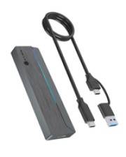 Eine schlanke, graue externe Festplatte mit einem USB-C-zu-USB-A-Kabel, geeignet für Datentransfer und Speicherlösungen.