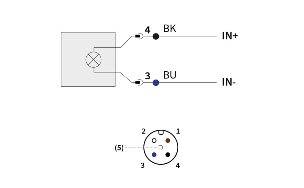 Schaltplan für einen 4-poligen Sensor: Pin 4 BK verbindet sich mit IN+, Pin 3 BU verbindet sich mit IN-, mit einem unten gezeigten kreisförmigen Pin-Layout.