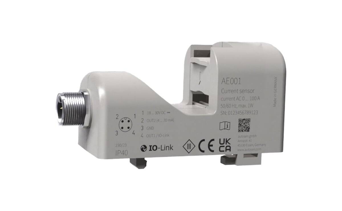 Industrieller Sensor mit der Bezeichnung 'AE001', mit Zertifizierungen und technischen Spezifikationen. Verwendet für AC-Strommessung, 50/60 Hz, 1 W.