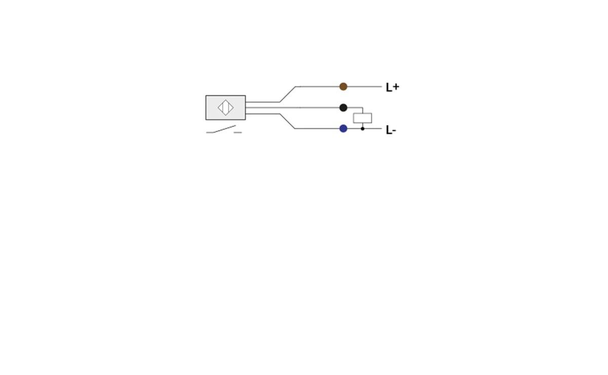 Einfaches Schaltschema mit einem Gerät, das mit Stromleitung verbunden ist, Anschlüsse gekennzeichnet als L+ und L-, mit einem Schalter in der L- Leitung.