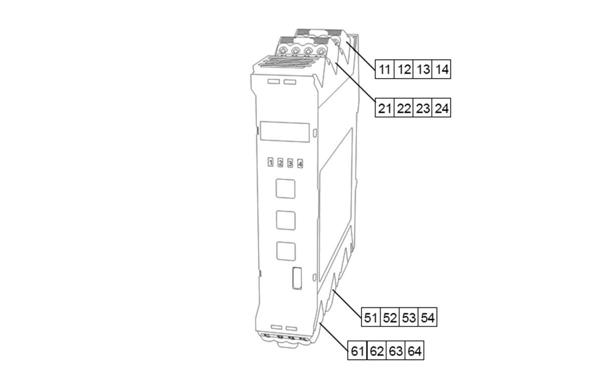 Strichzeichnung eines modularen Geräts mit Callouts, die obere und untere Anschlüsse sowie seitliche Anschlüsse mit den Nummern 11-14, 21-24, 51-54 und 61-64 kennzeichnen.