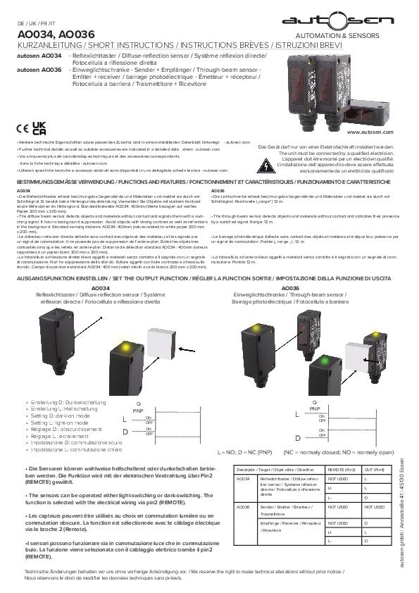 Reflexlichttaster/ Optischer Sensor - AO034 - autosen