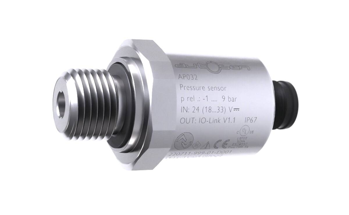 APO32 Drucksensor' mit Spezifikationen einschließlich Druckbereich (1...9 bar) und IP67-Schutzart, unterstützt IO-Link V1.1.