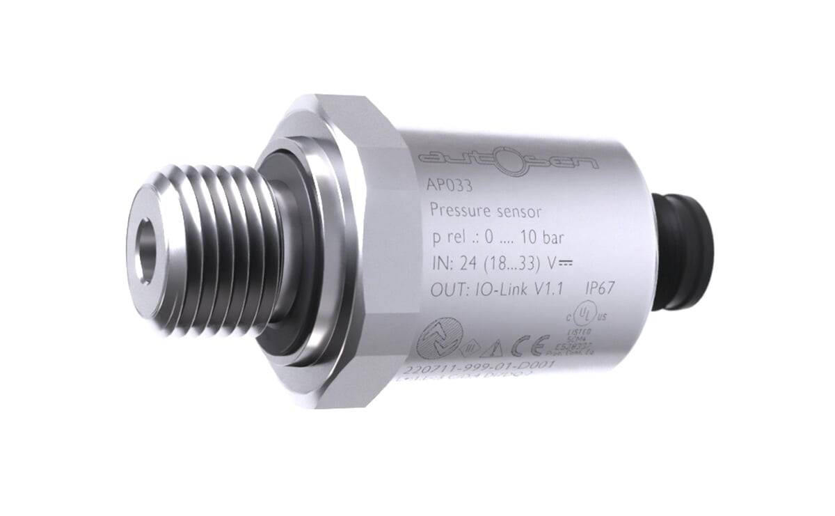 Drucksensor mit Bezeichnung 'APO30' mit IO-Link V1.1, IP67-Schutzart, misst 0-10 bar und zeigt Stromversorgung IN: 24 (18...33) V.