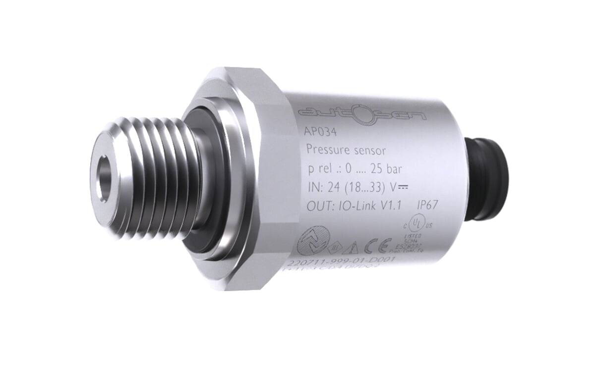 Silberner zylindrischer Drucksensor mit der Bezeichnung 'AP034 Drucksensor', Messbereich 0 bis 25 bar, mit IO-Link V1.1 und IP67-Schutzart.