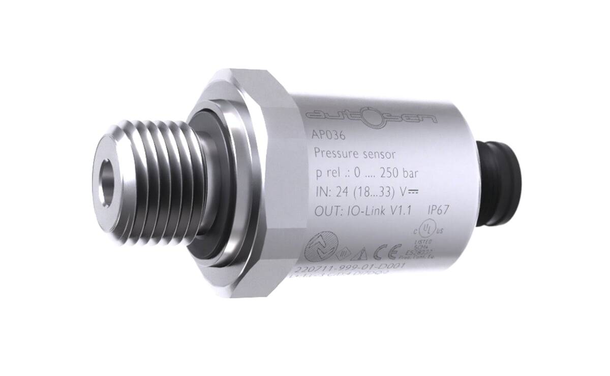 Drucksensor mit Gewindeanschluss, mit der Bezeichnung 'AP036', Messbereich 0-250 bar, Schutzart IP67, unterstützt IO-Link V1.1, Metallgehäuse.