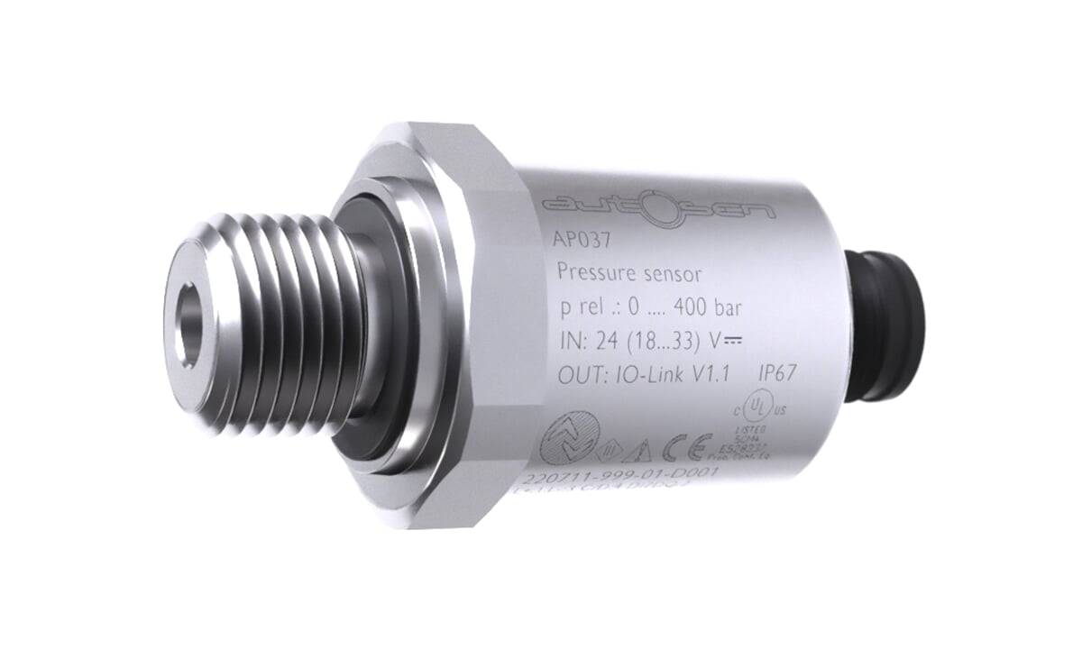 Eine Nahaufnahme eines zylindrischen Drucksensors mit Text, der das Modell 'AP037', einen Messbereich von '0 ... 400 bar' und 'IO-Link V1.1 IP67' anzeigt.