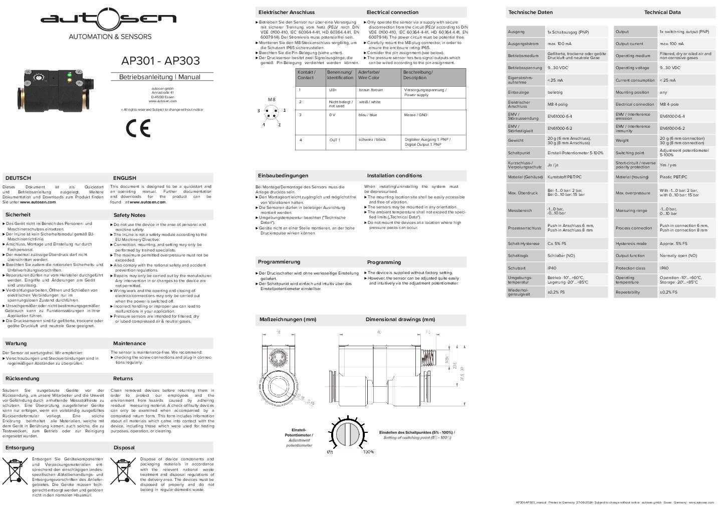 Pneumatik-Druckschalter - AP301 - autosen