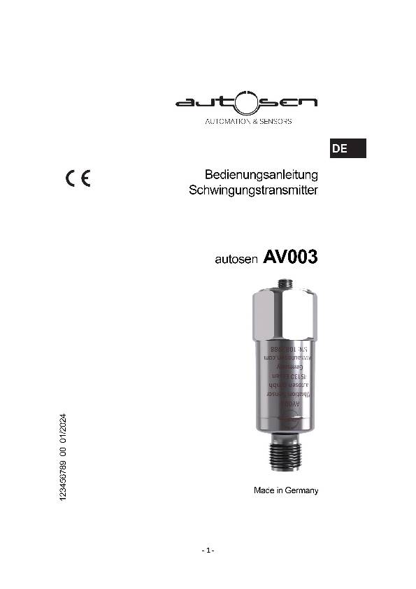 Vibrationssensor 0-25mm/s Piezo - M12,Kontakte vergoldet,2-Polig - AV003 - autosen