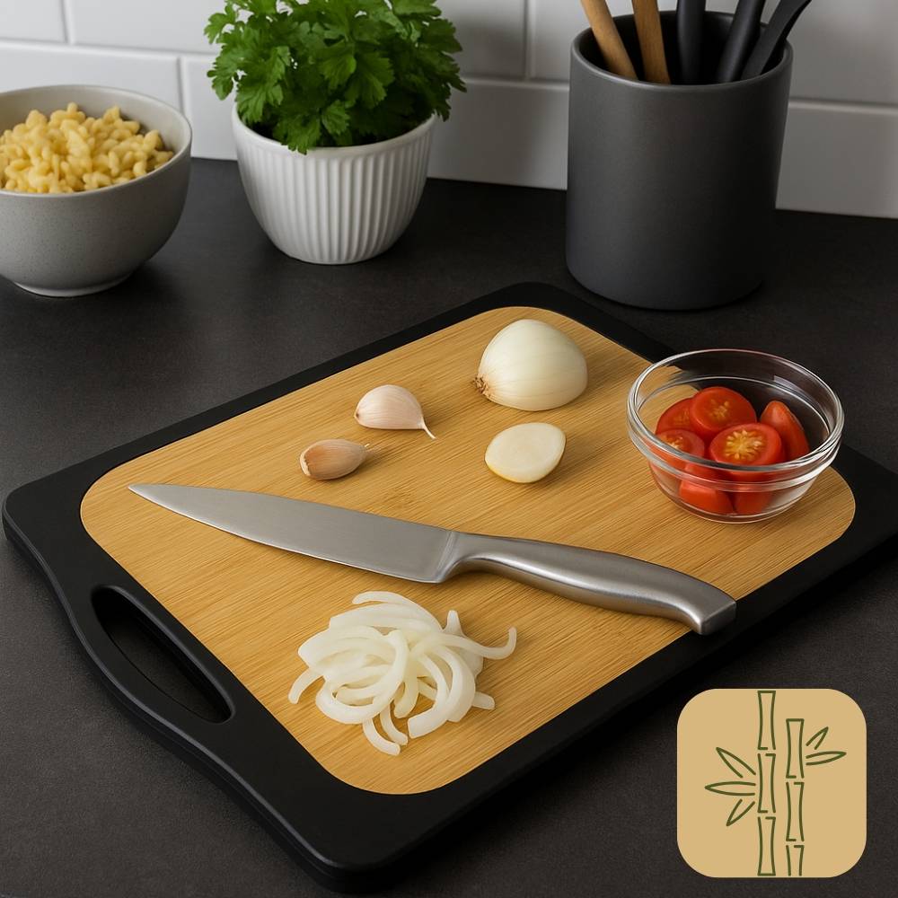 Schneidebrett Kunststoff und Bambus 2in1 Schneidbrett mit Anti-Rutsch Schneidebretter Küchenbrett Bambus Schneidebrett Schwarz Rutschfest mit