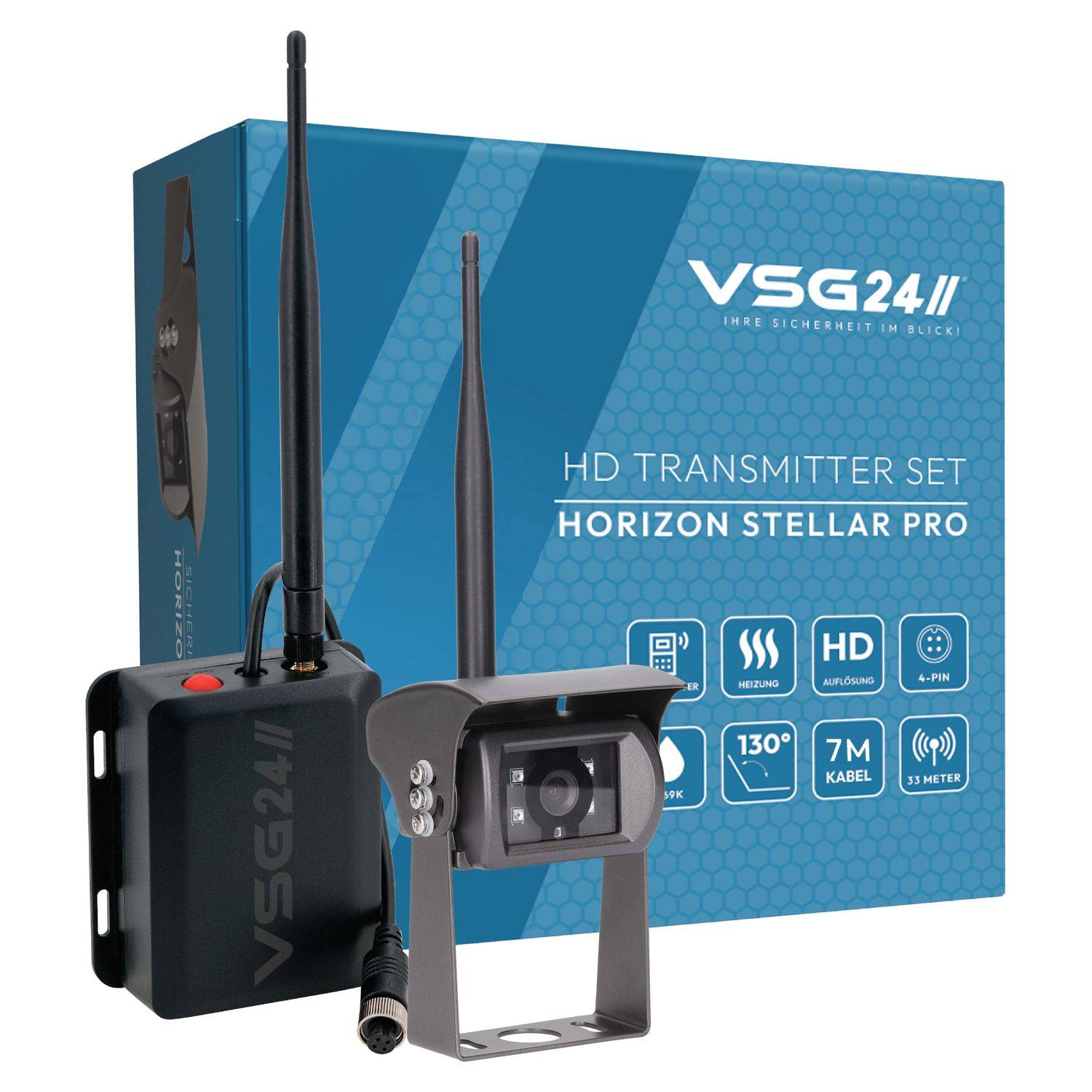Ein drahtloser HD-Übertragungsset-Kasten mit der Bezeichnung 'Horizon Stellar Pro', der eine externe Kamera mit Antennen umfasst und einen Sichtwinkel von 130° sowie ein 7 m langes Kabel bietet.