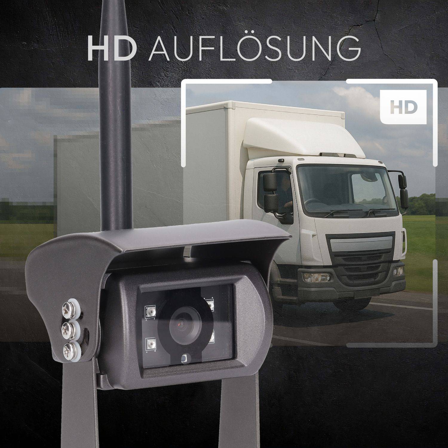 Ein Lastwagen mit montierter Kamera, die seine HD-Auflösung betont, vor einem unscharfen Hintergrund, der fortschrittliche Fahrzeugtechnologie hervorhebt.