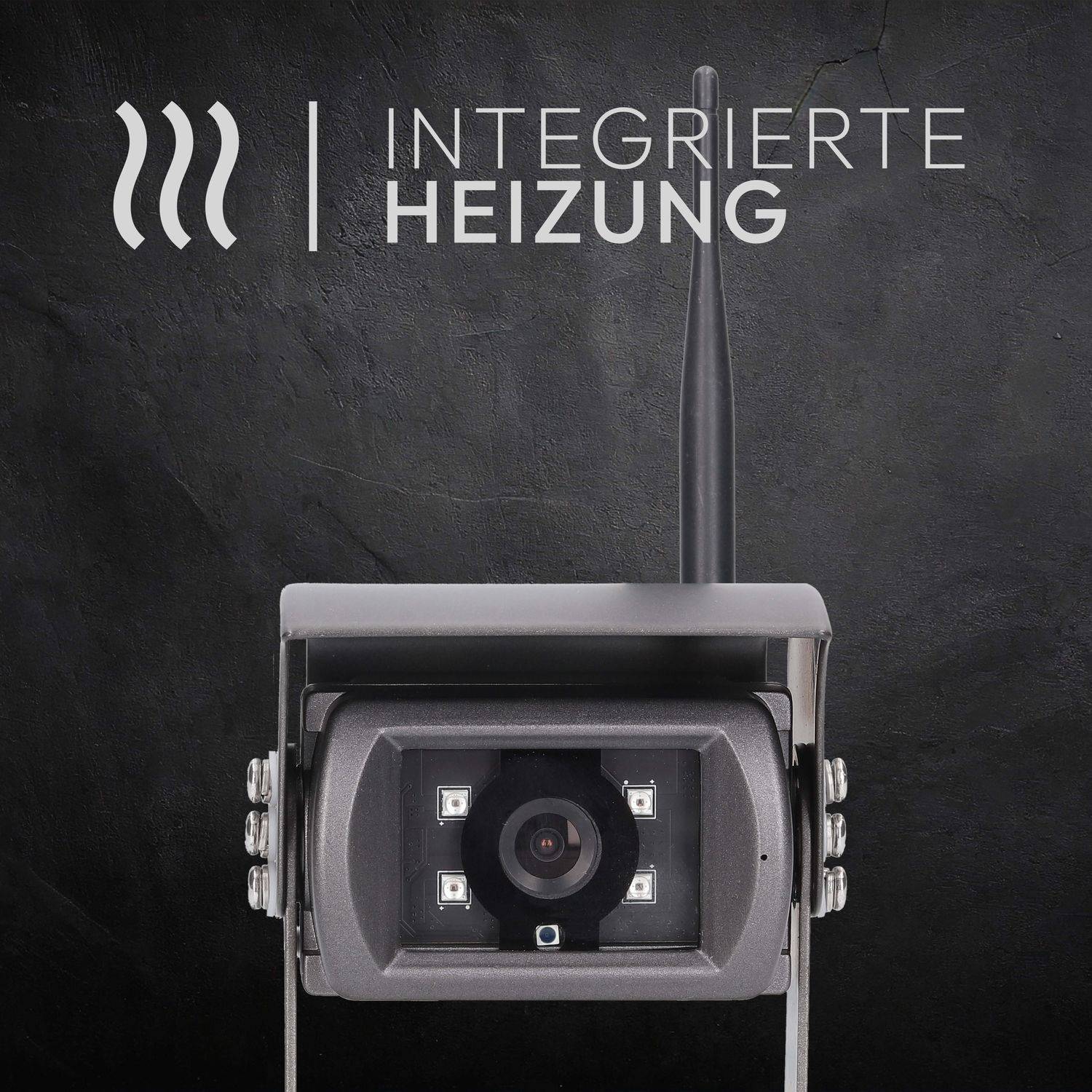 Eine kabellose Sicherheitskamera vor dunklem Hintergrund mit dem Text 'Integrierte Heizung', die darauf hinweist, dass sie eine integrierte Heizungsfunktion besitzt.