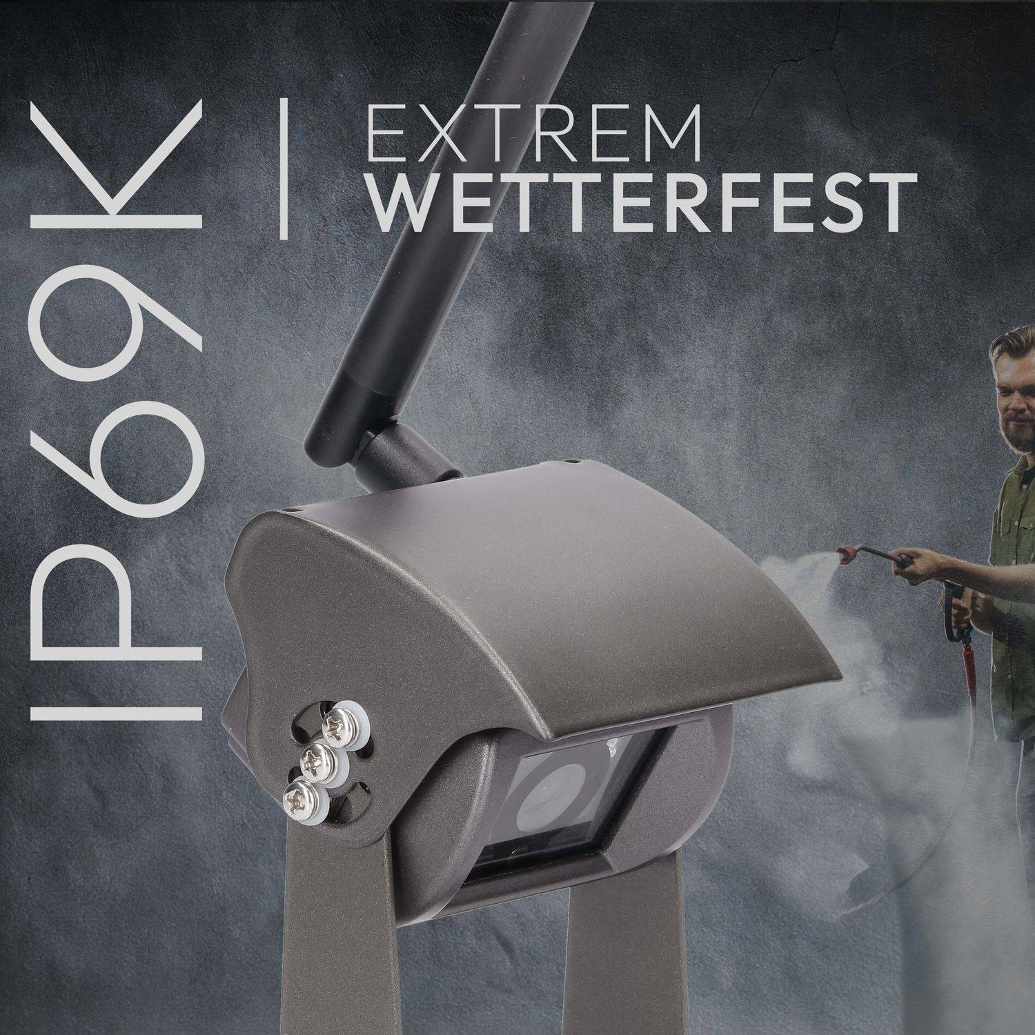 Eine wetterfeste Kamera mit dem Text 'IP69K' und 'Extrem wetterfest', die ihre Eignung für raue Bedingungen anzeigt.