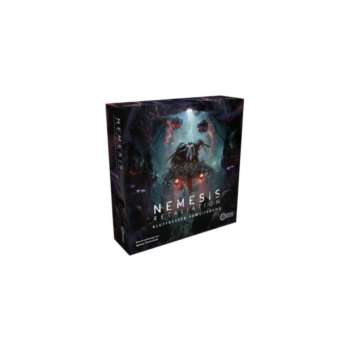 Spieleschachtel für 'Nemesis Vergeltung' Brettspiel, die eine futuristische, gepanzerte Figur in einer düsteren Science-Fiction-Umgebung zeigt.
