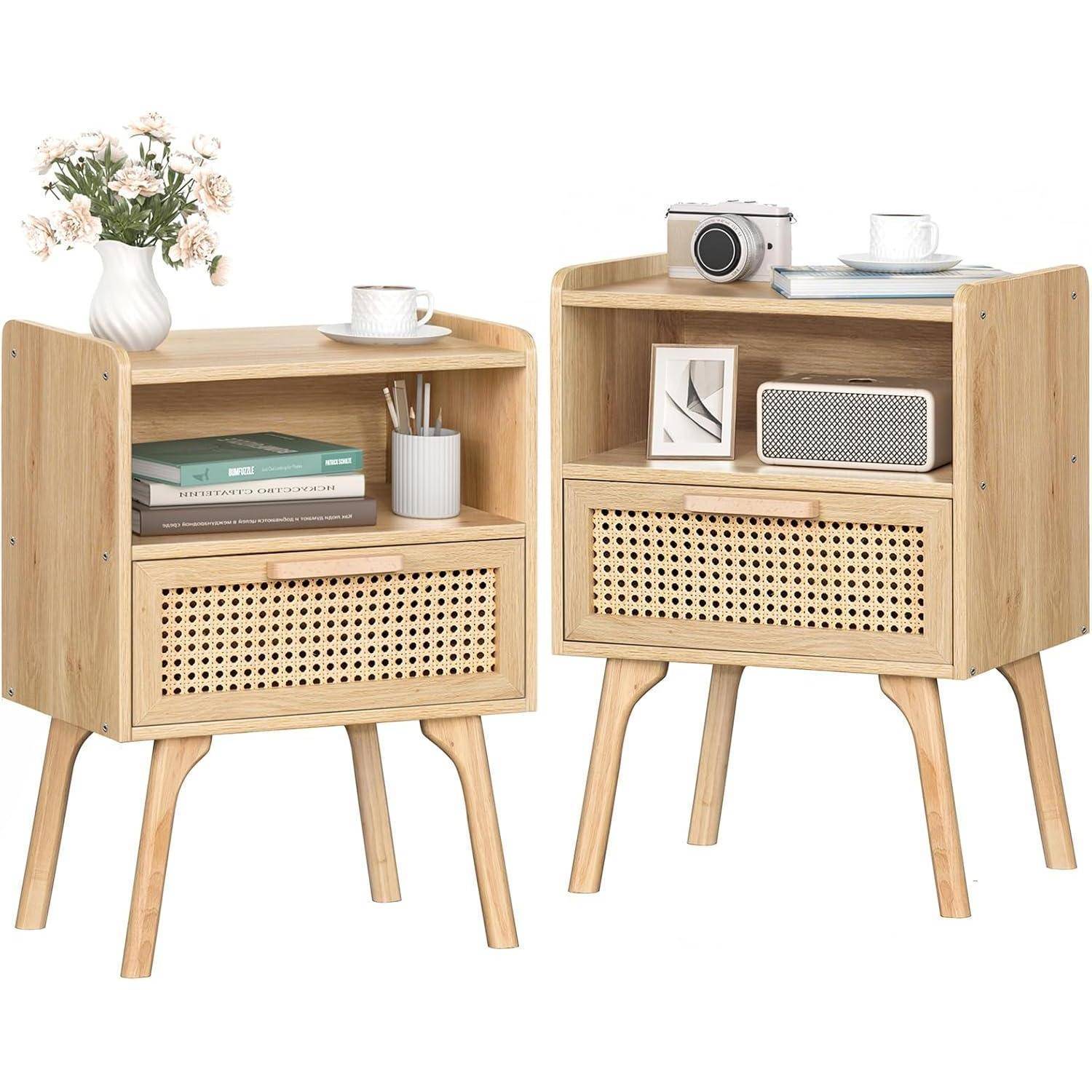 Nachttisch Set Rattan Boho Holz Schublade Regal Massivholz Sofatisch
