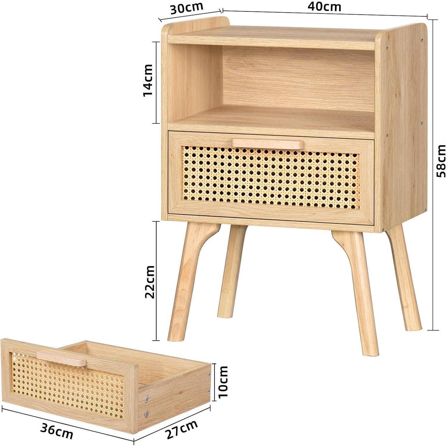 Nachttisch Set Rattan Boho Holz Schublade Regal Massivholz Sofatisch