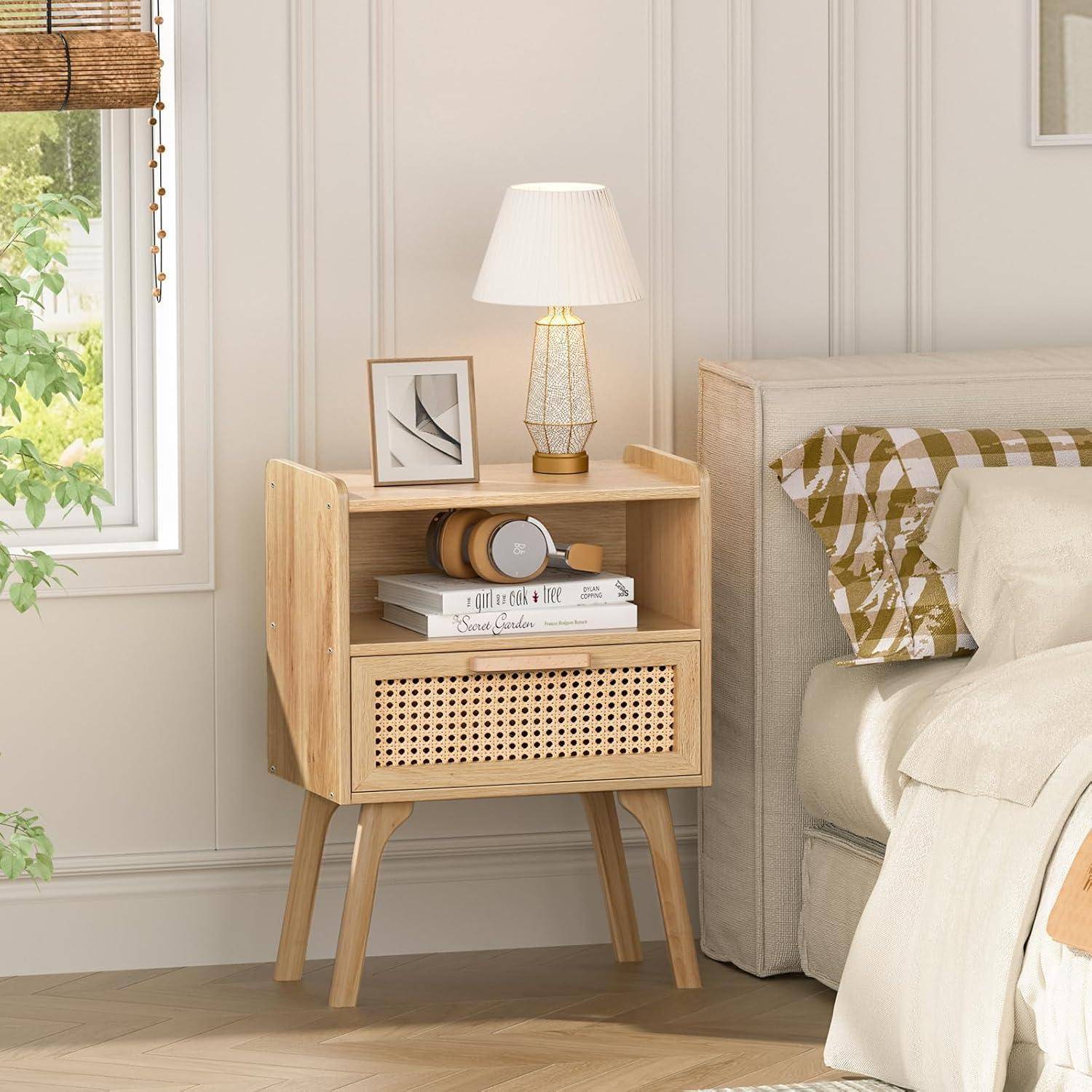 Nachttisch Set Rattan Boho Holz Schublade Regal Massivholz Sofatisch