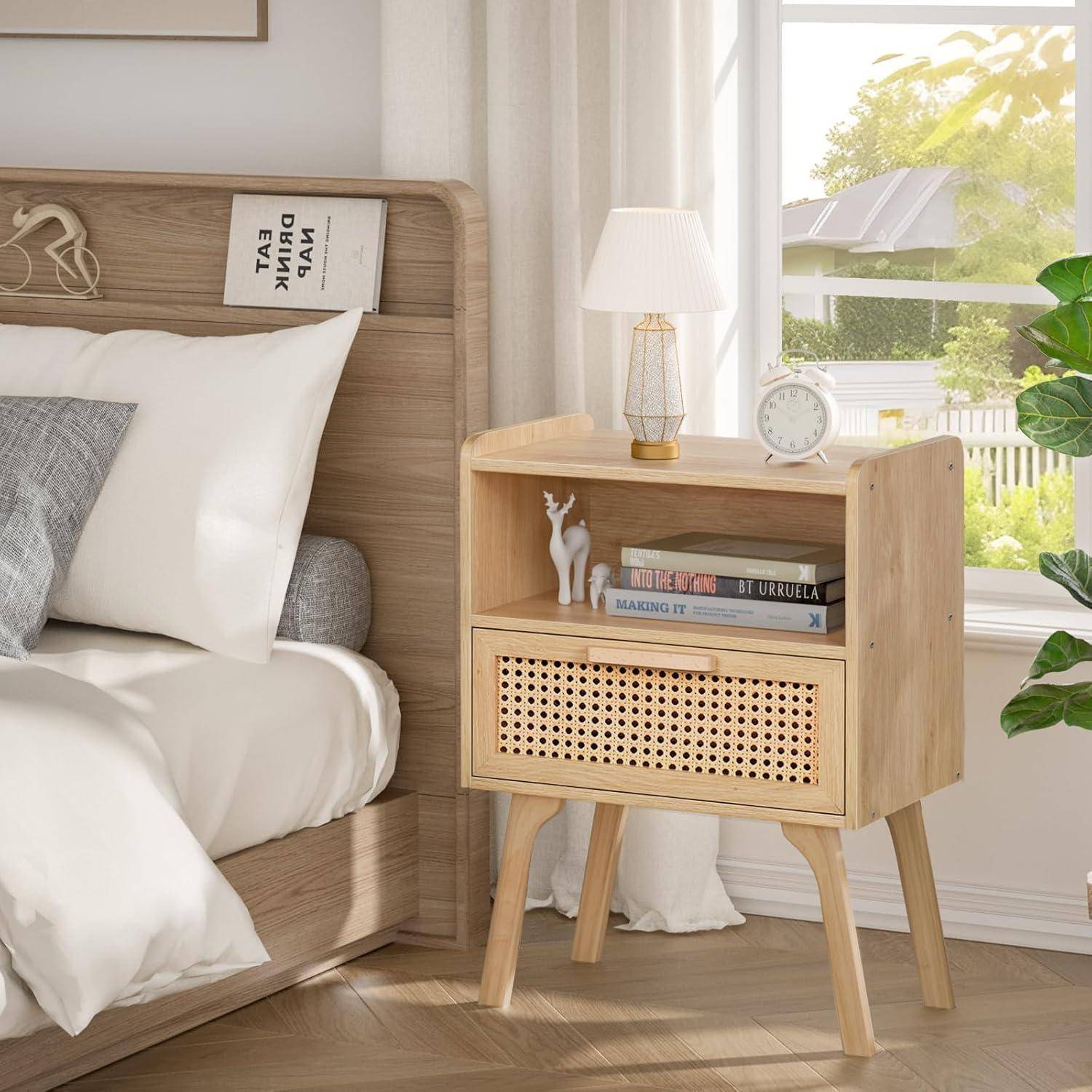 Nachttisch Set Rattan Boho Holz Schublade Regal Massivholz Sofatisch