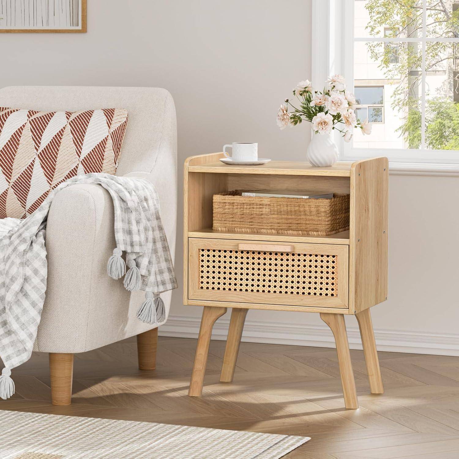Nachttisch Set Rattan Boho Holz Schublade Regal Massivholz Sofatisch