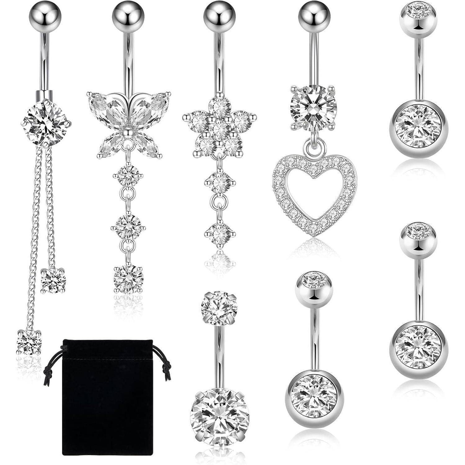 8PCS Bauchnabelpiercing 14G Edelstahl Silber Zirkonias Schmetterling