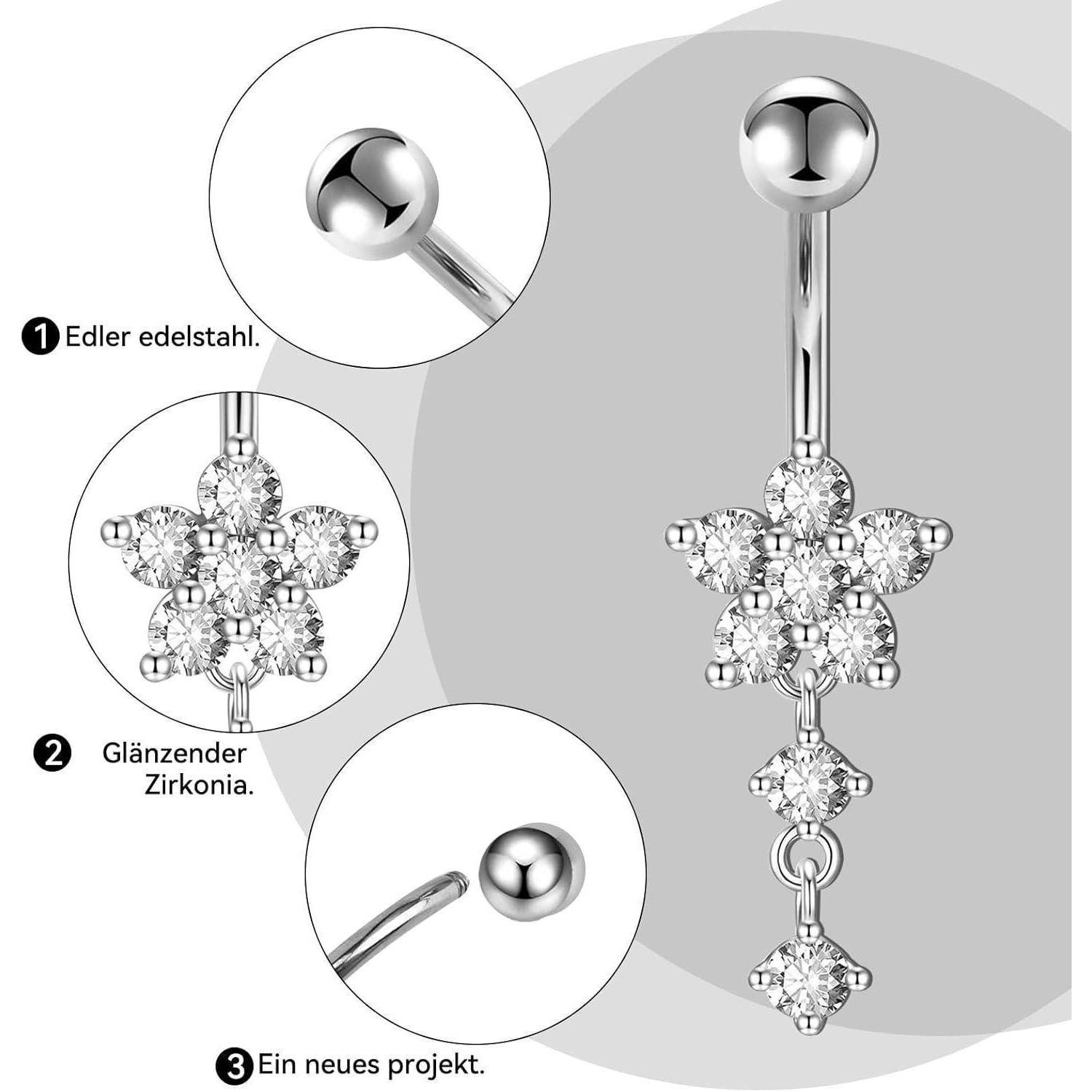 8PCS Bauchnabelpiercing 14G Edelstahl Silber Zirkonias Schmetterling