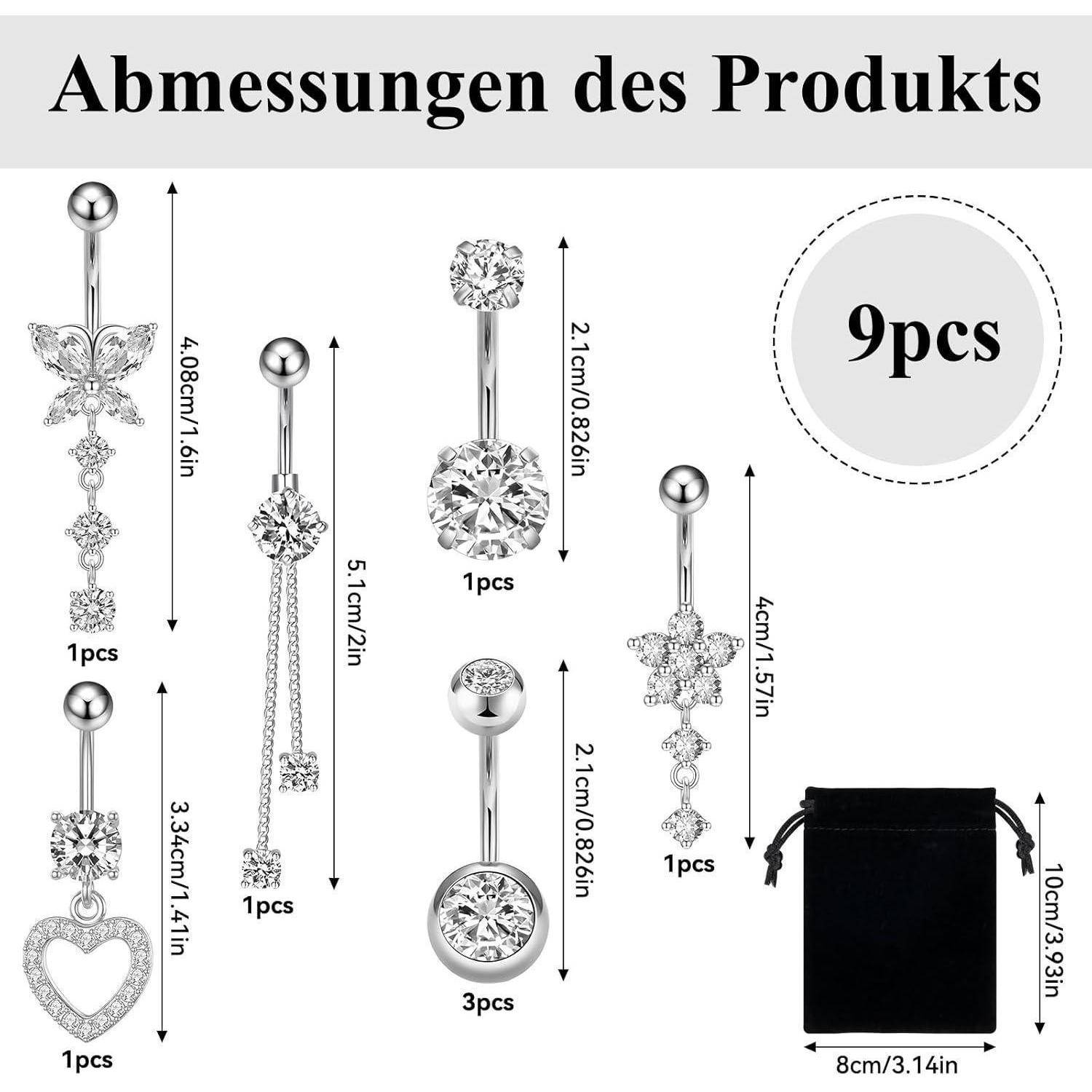 8PCS Bauchnabelpiercing 14G Edelstahl Silber Zirkonias Schmetterling