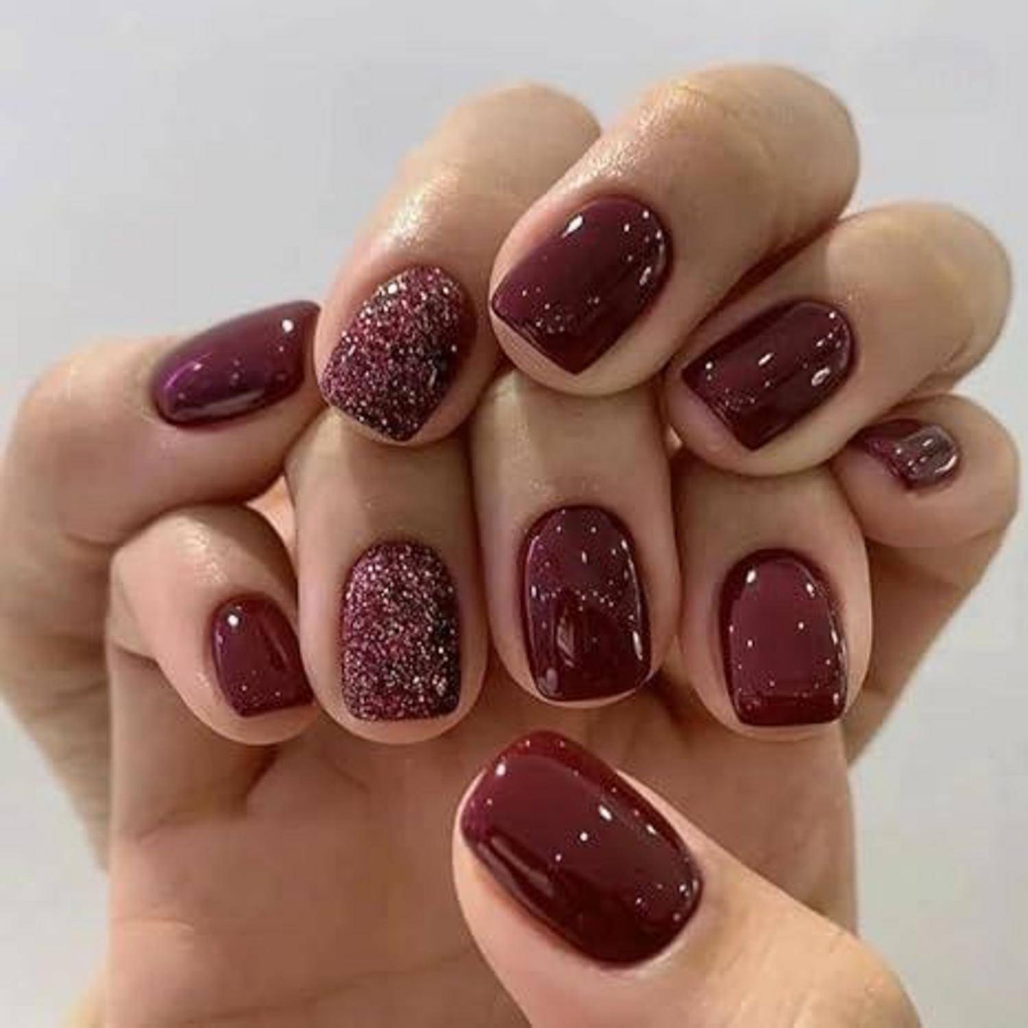 24er Set Burgundy Glitter Nägel zum Aufkleben kurz - Einfarbig Eckig