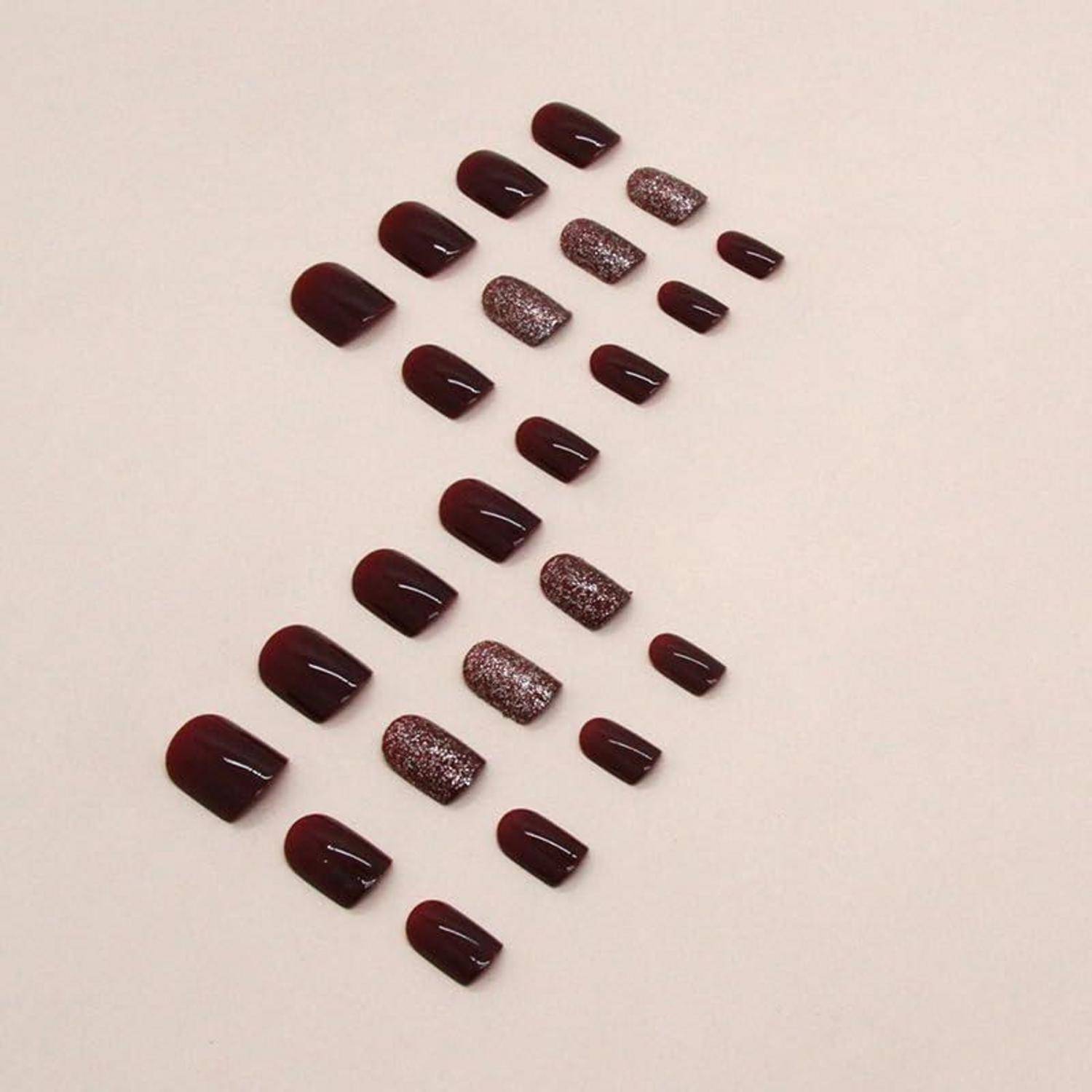 24er Set Burgundy Glitter Nägel zum Aufkleben kurz - Einfarbig Eckig