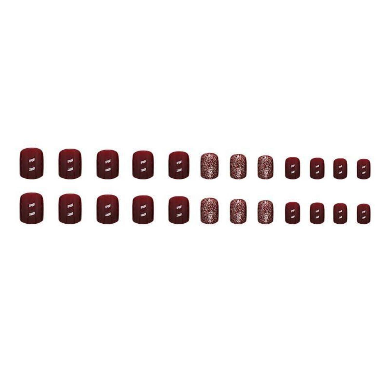 24er Set Burgundy Glitter Nägel zum Aufkleben kurz - Einfarbig Eckig