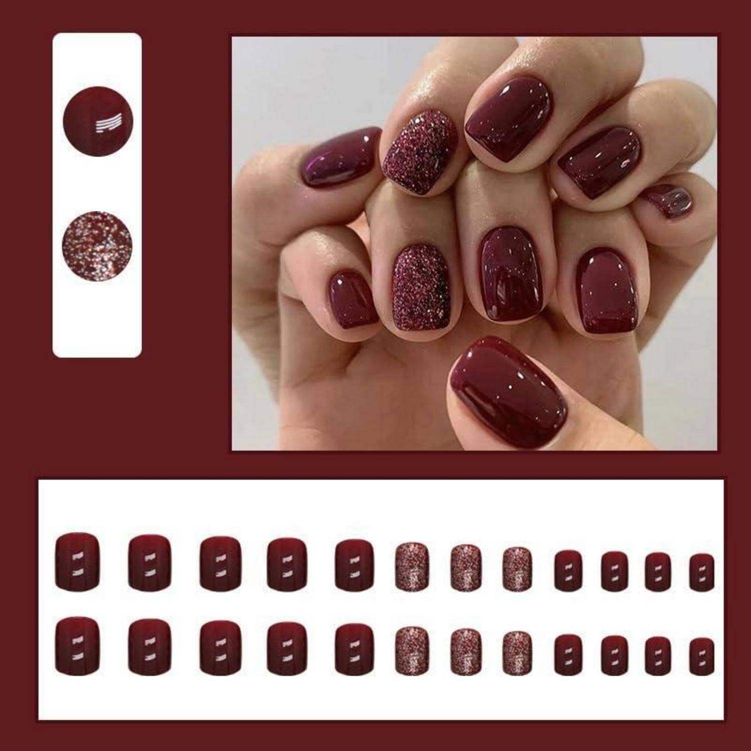 24er Set Burgundy Glitter Nägel zum Aufkleben kurz - Einfarbig Eckig