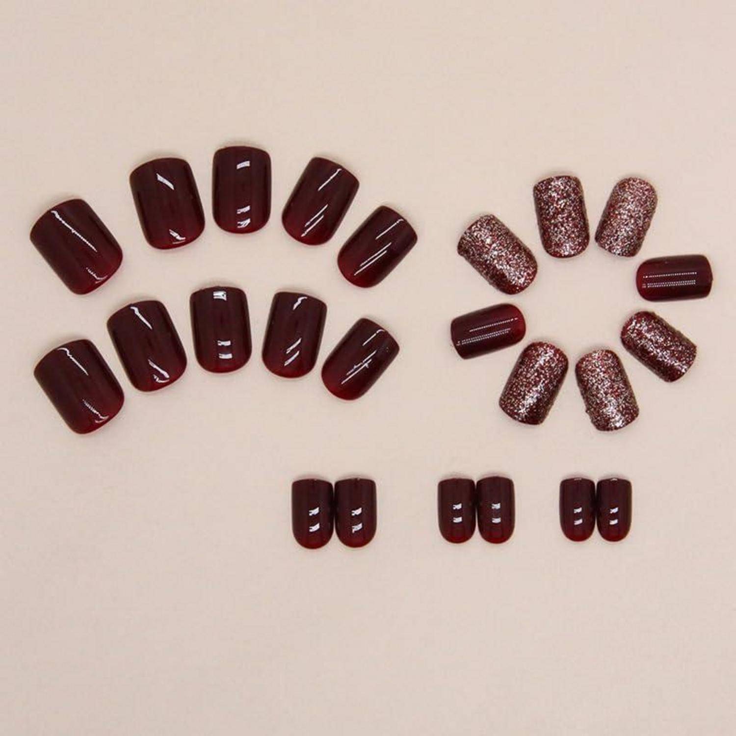 24er Set Burgundy Glitter Nägel zum Aufkleben kurz - Einfarbig Eckig