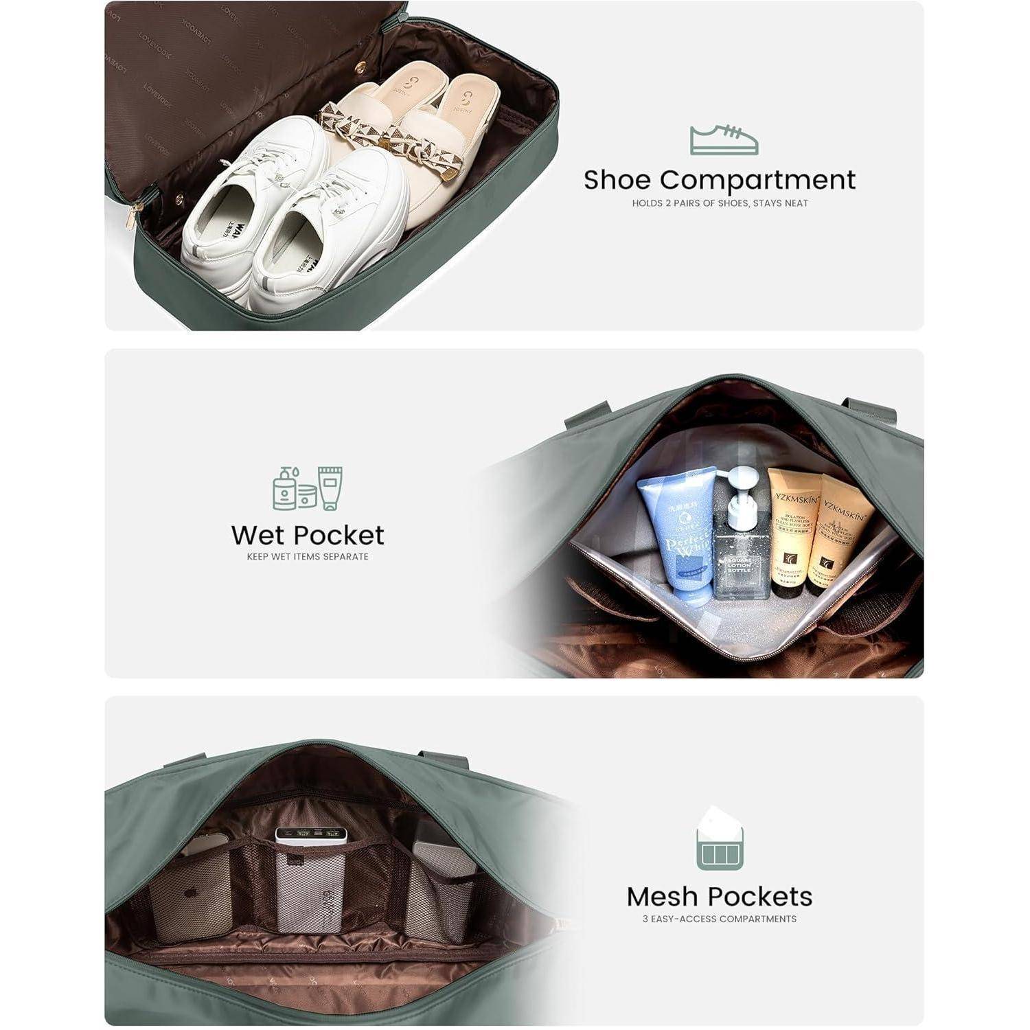 Reisetasche Merkmale: Schuhfach für 2 Paar Schuhe mit Ebenen, Nassfach für Toilettenartikel und Netzfächer für einfachen Zugriff.