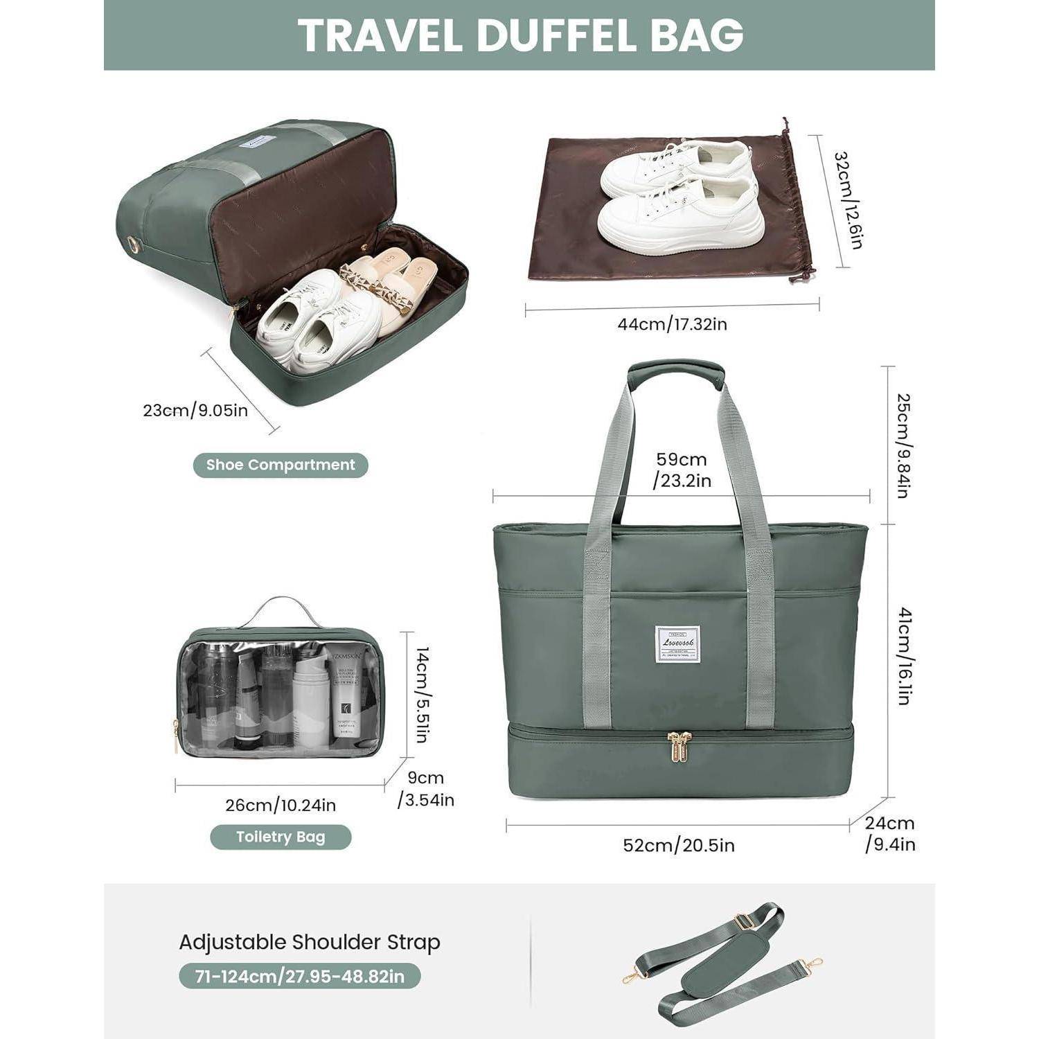 Reisetasche Damen Wasserdicht Weekender Schuhfach 52L Graugrün