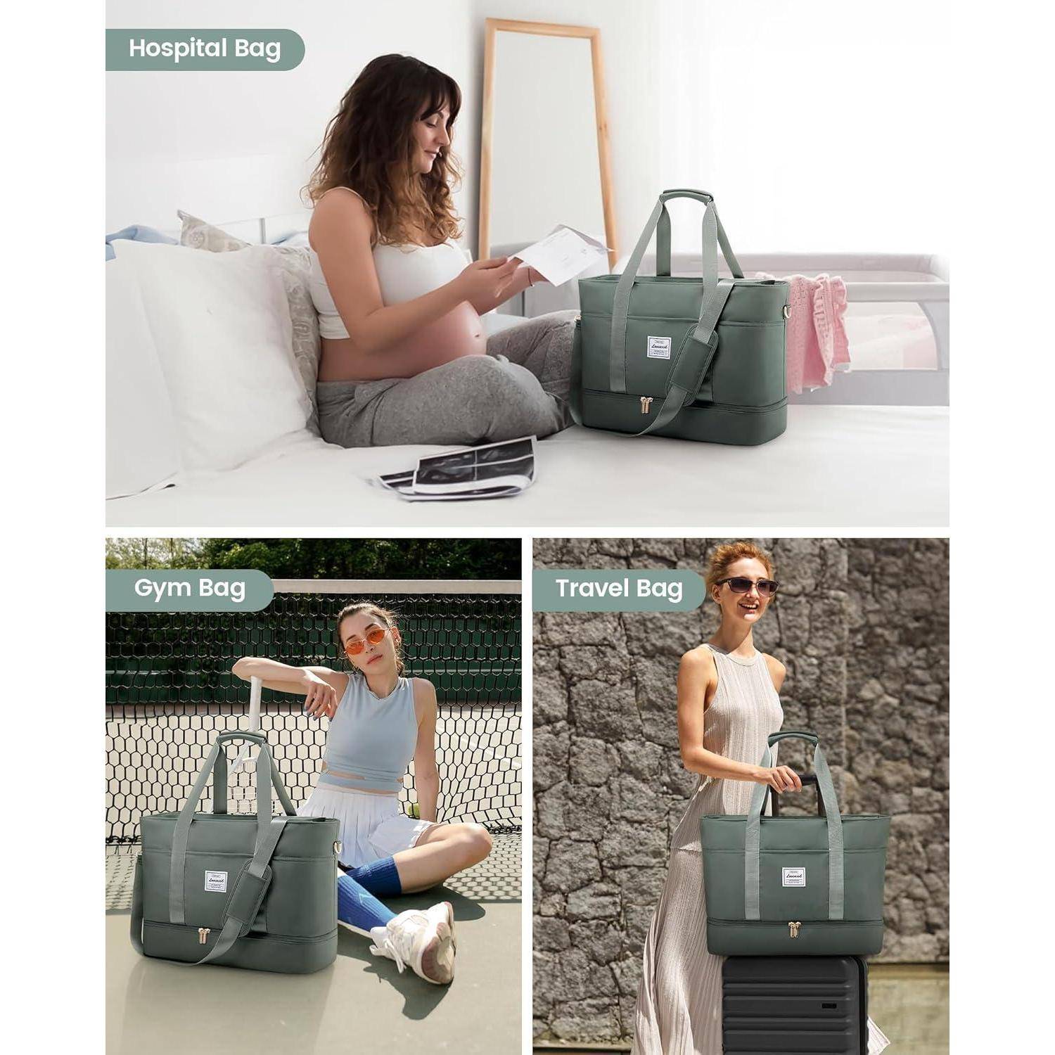 Reisetasche Damen Wasserdicht Weekender Schuhfach 52L Graugrün