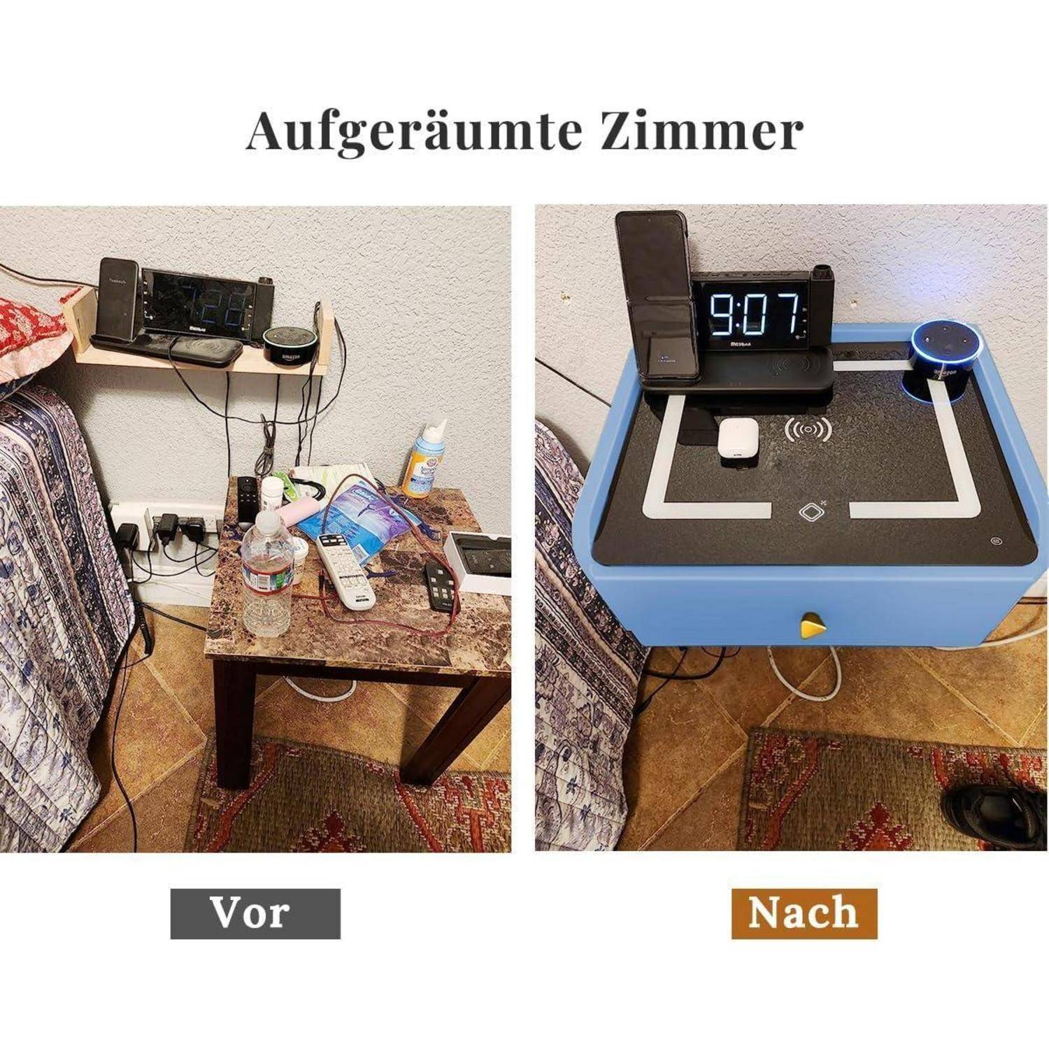 Vorher-Nachher' Vergleichsbild eines Zimmers, das links einen unordentlichen Nachttischbereich und rechts einen aufgeräumten, organisierten Raum zeigt.