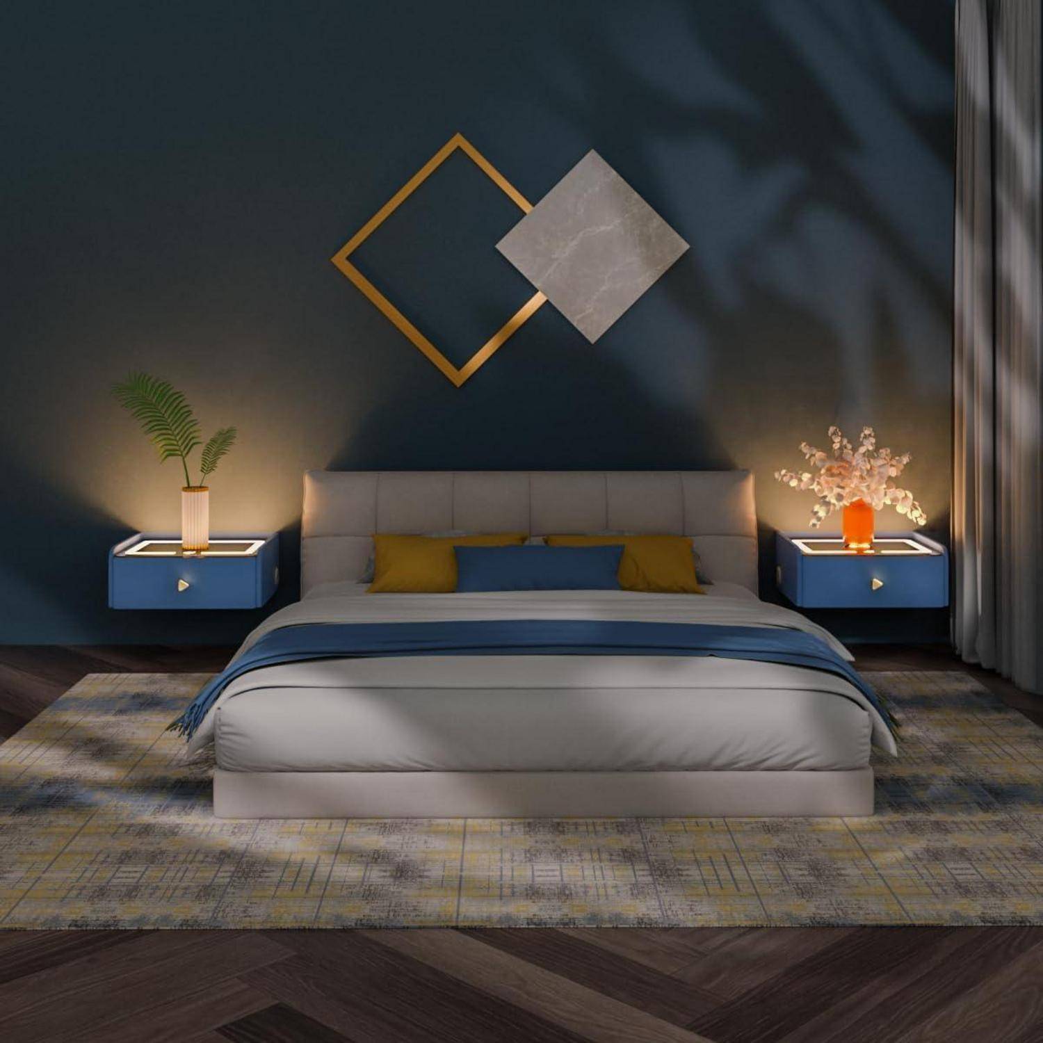 Ein modernes Schlafzimmer mit einem Bett, zwei Nachttischen, abstrakter Wandkunst und stilvoller Beleuchtung, das einen zeitgenössischen Inneneinrichtungsstil präsentiert.