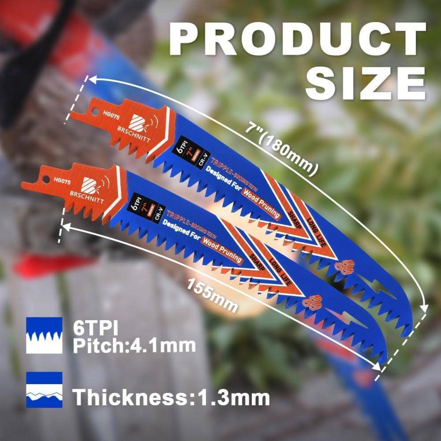 Sägeblätter, die für das Holzschneiden entwickelt wurden; gekennzeichnet mit 6 Zähne pro Zoll (TPI), Teilung: 4,1 mm, Dicke: 1,3 mm; 7 Zoll (180 mm) Länge, 155 mm Größe.
