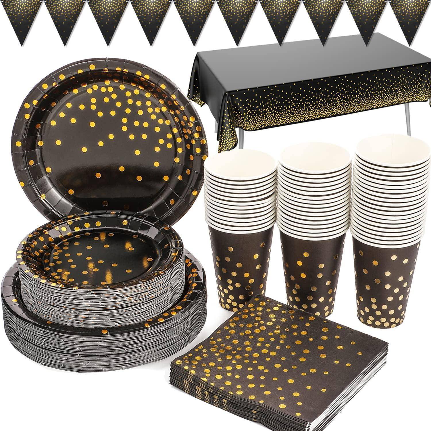 Partygeschirr 99 Teile Pappteller Servietten Tassen Schwarz Gold
