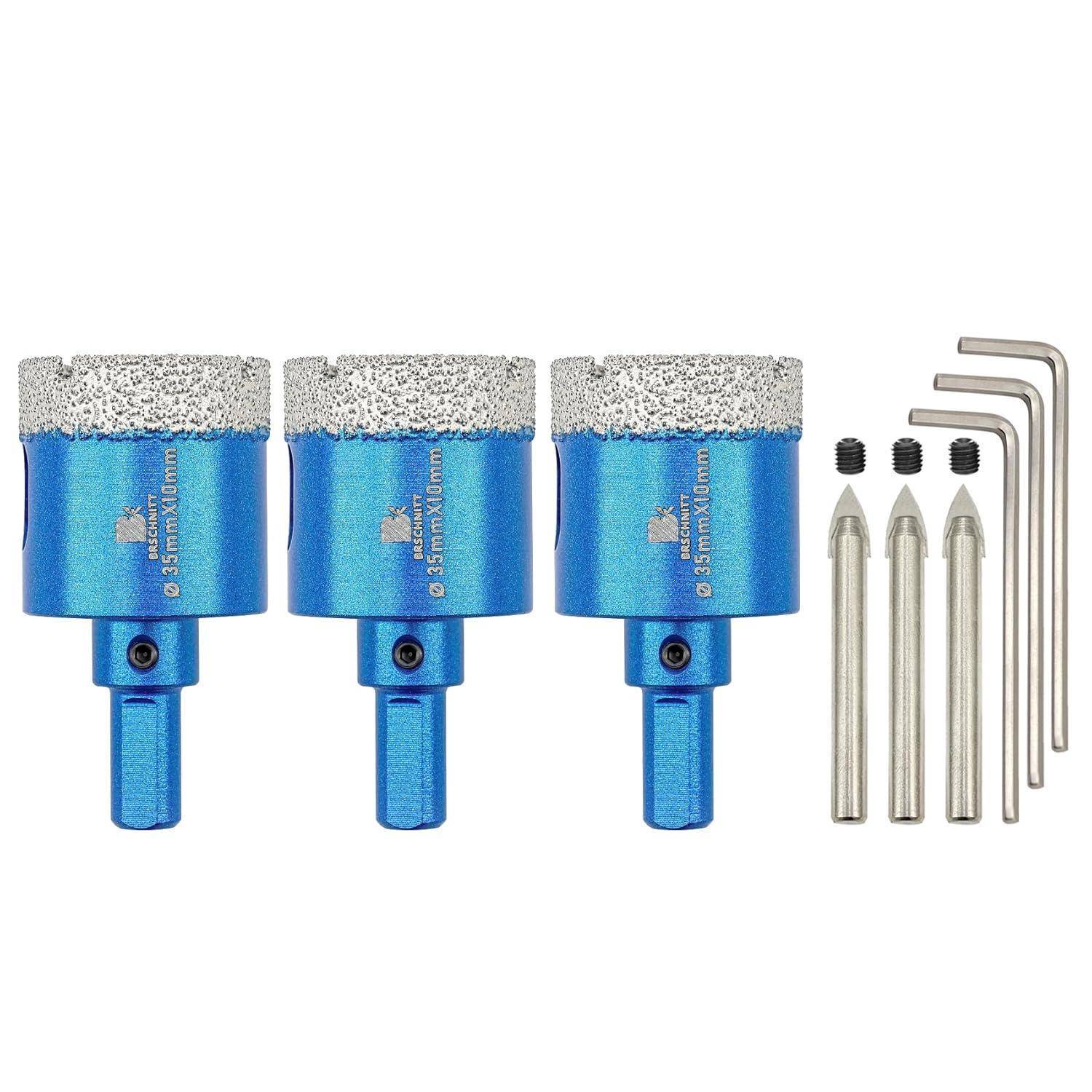 Drei blaue Diamantbohrer, 10 mm Größe, mit Sechskantaufnahmen. Enthält drei Innensechskantschlüssel, vier Ersatzschrauben und vier Metallführungsstangen.