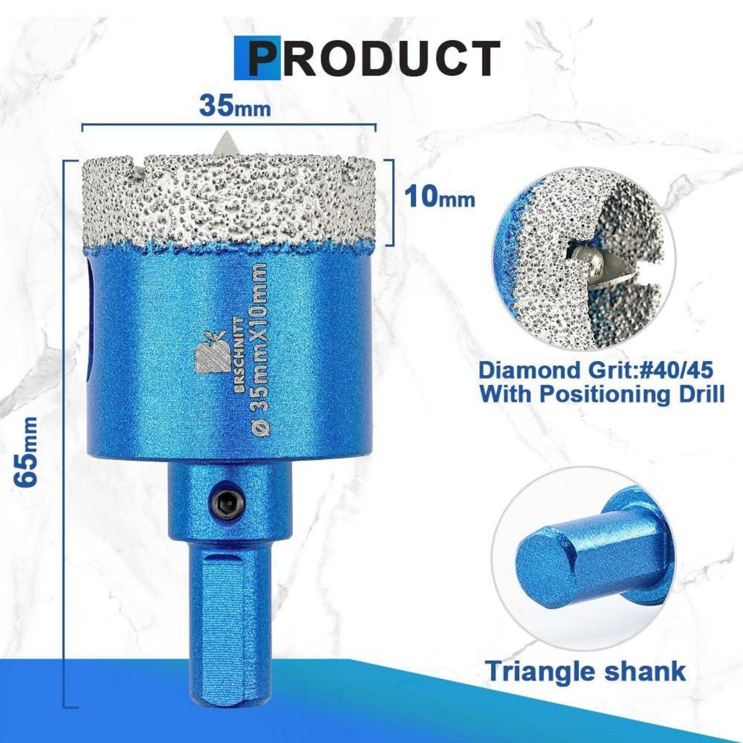 Diamant-Kernbohrbit mit 35 mm Durchmesser und 65 mm Länge, mit dreikantigem Schaft. Text: 'Diamantkörnigkeit: #40/45 Mit Positionierbohrer'.