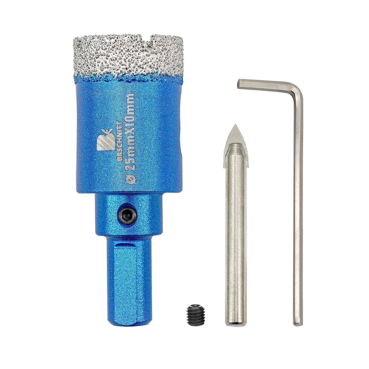 Diamant-Lochsägen-Set mit einem blauen 25-mm-Bit, Führung mit Bohrbit, Innensechskantschlüssel und einer kleinen Madenschraube, zum Bohren von Fliesen.