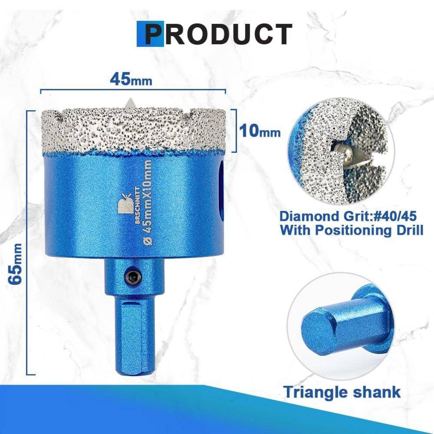 Ein blauer Diamantbohrer mit einem Durchmesser von 45 mm und einer Tiefe von 10 mm, der Diamantschleifkörnung #40/45 und einen Dreiecksschaft zeigt, auf einem Marmorhintergrund.
