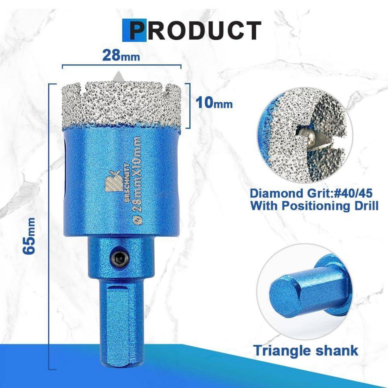 Ein blauer 28-mm-Diamantbohrer mit Dreiecksschaft wird gezeigt. Die Spezifikationen umfassen eine Länge von 65 mm, einen Durchmesser von 28 mm und eine Bohrttiefe von 10 mm.