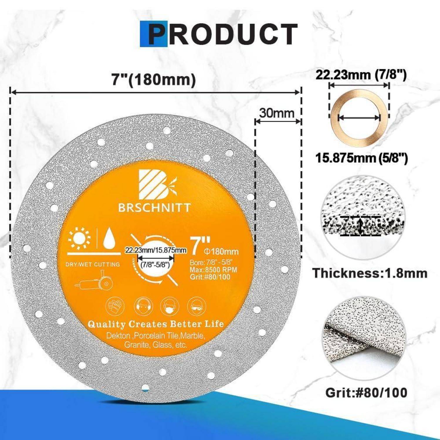 7-Zoll-Diamantscheibe zum Schneiden von Fliesen, Marmor und Granit; 22,23 mm Aufnahme, 1,8 mm Dicke, maximale Drehzahl 5800 U/min; „Qualität schafft ein besseres Leben