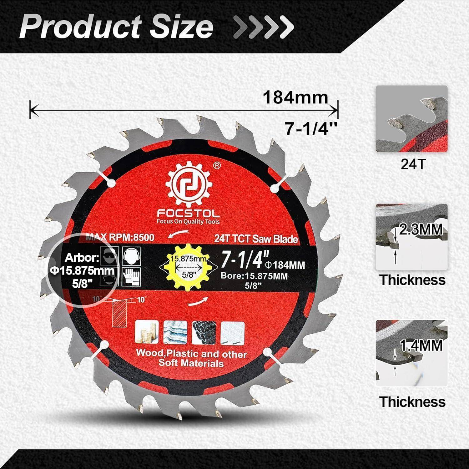 Produktgröße: Sägeblatt, 7-1/4 Zoll, 24 Zähne, 184 mm Durchmesser, 2,3 mm und 1,4 mm Dicken, zum Schneiden von Holz, Kunststoff.