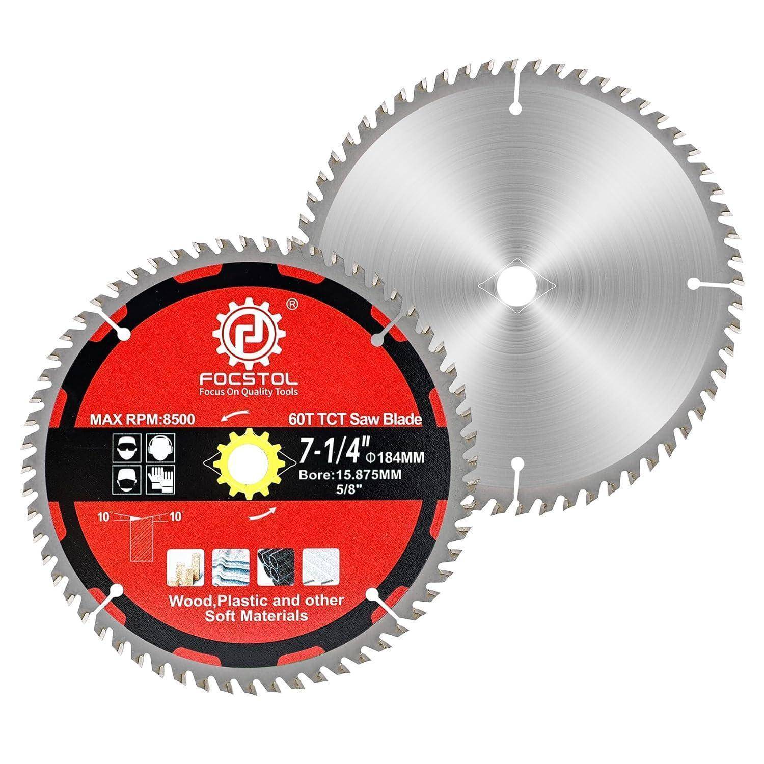 Zwei Kreissägeblätter; eines beschriftet mit '7-1/4 Zoll, 60Z HM, max. 8500 U/min', geeignet für Holz, Kunststoff und andere weiche Materialien.
